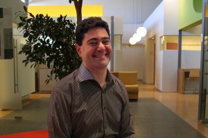 Oded Salomy, sitting in the rest area of the company he works for, says returning to Israel 'was the right move for me as a person and as a family. (Brian Hendler)